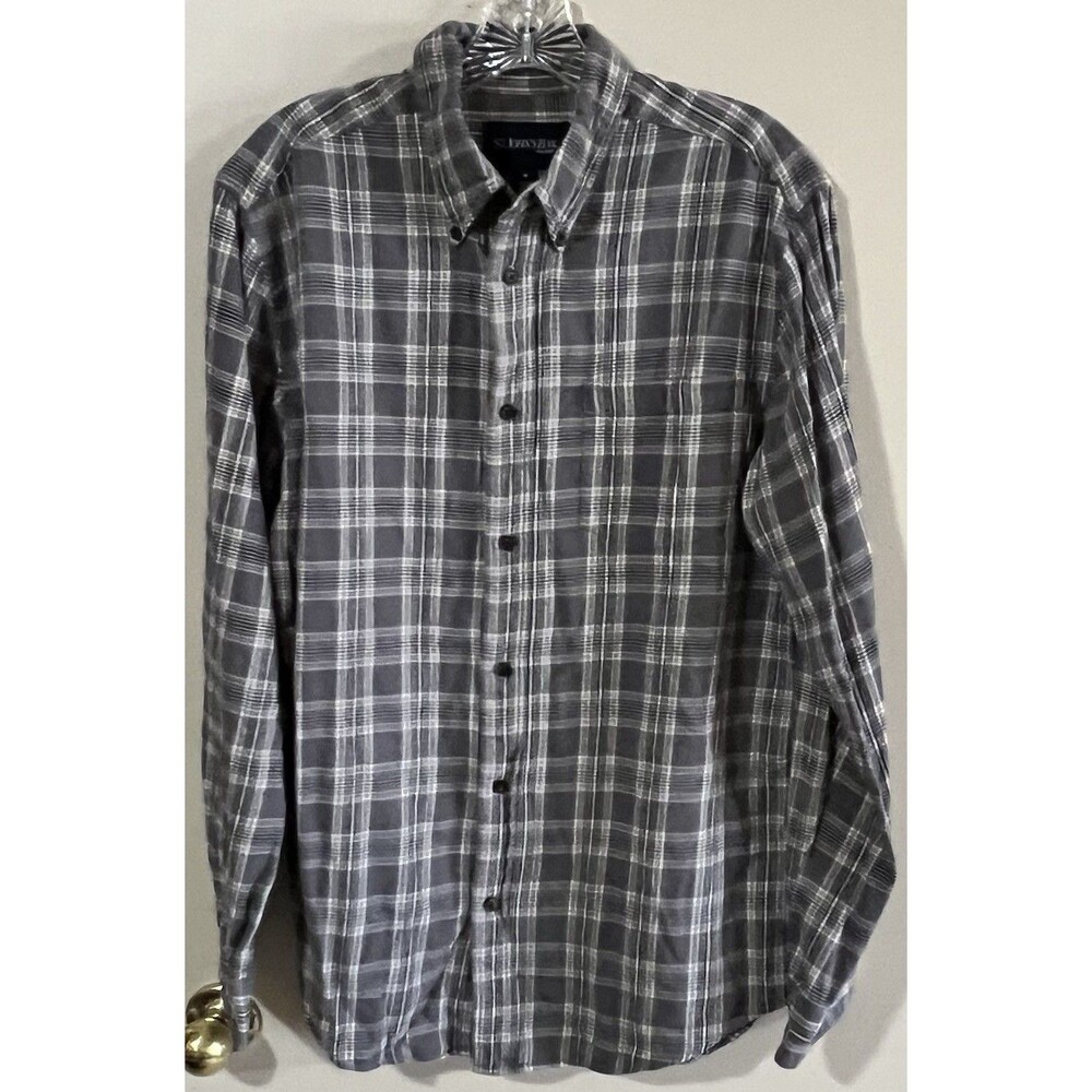 Men's Flannel Shirt Gray Medium Plaid Cotton Long Sleeve Button-Up Shirt for Men